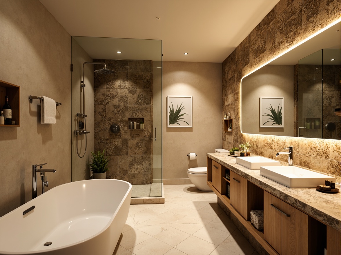 Prompt: Mid-century modern bathroom, retro-style fixtures, sleek chrome faucets, geometric patterned tiles, warm beige walls, minimalist cabinets, freestanding tubs, rainfall showerheads, LED lighting, natural stone countertops, wooden accents, botanical prints, spa-inspired ambiance, soft warm glow, shallow depth of field, 1/1 composition, realistic textures, ambient occlusion.