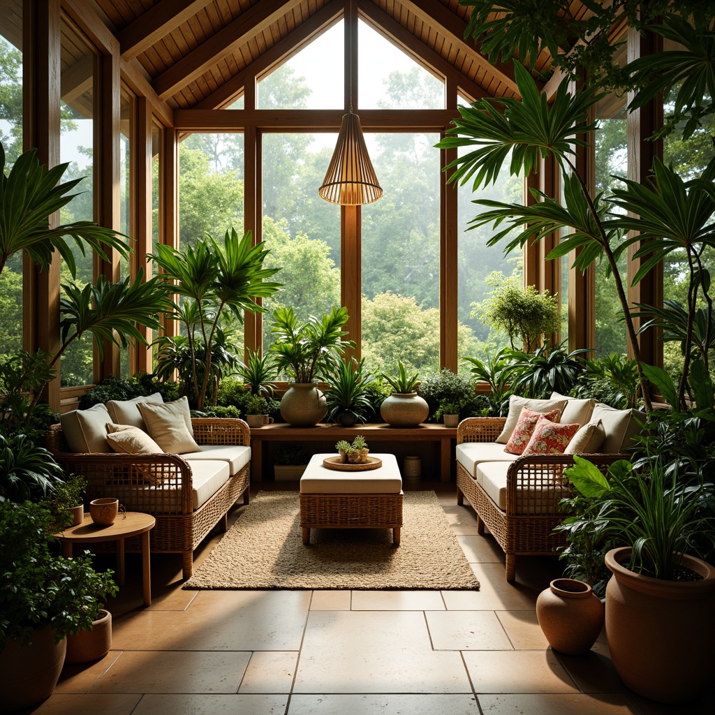 Prompt: Vibrant sunroom, lush greenery, exotic plants, wicker furniture, natural rattan accents, earthy terracotta pots, soft warm lighting, shallow depth of field, 1/1 composition, intimate atmosphere, cozy textiles, natural fabrics, woven baskets, organic shapes, botanical patterns, jungle-inspired decor, tropical ambiance, misting system, humid climate control.