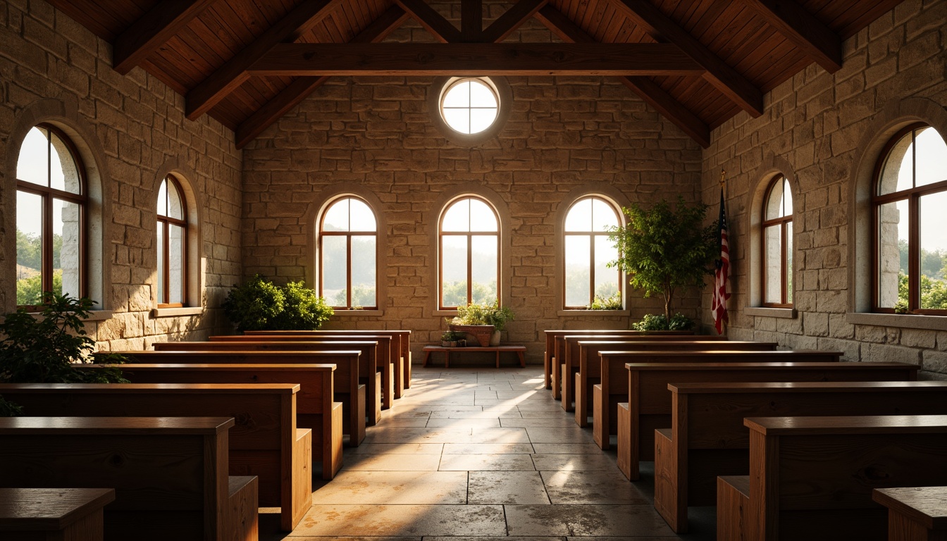 Prompt: Rustic chapel, wooden pews, stained glass windows, vaulted ceilings, natural stone walls, warm candlelight, soft diffused light, gentle sunbeams, farmhouse-inspired architecture, earthy tones, cozy atmosphere, rural landscape, rolling hills, lush greenery, peaceful surroundings, serene ambiance, 1/1 composition, warm color palette, realistic textures, subtle shadows, ambient occlusion.