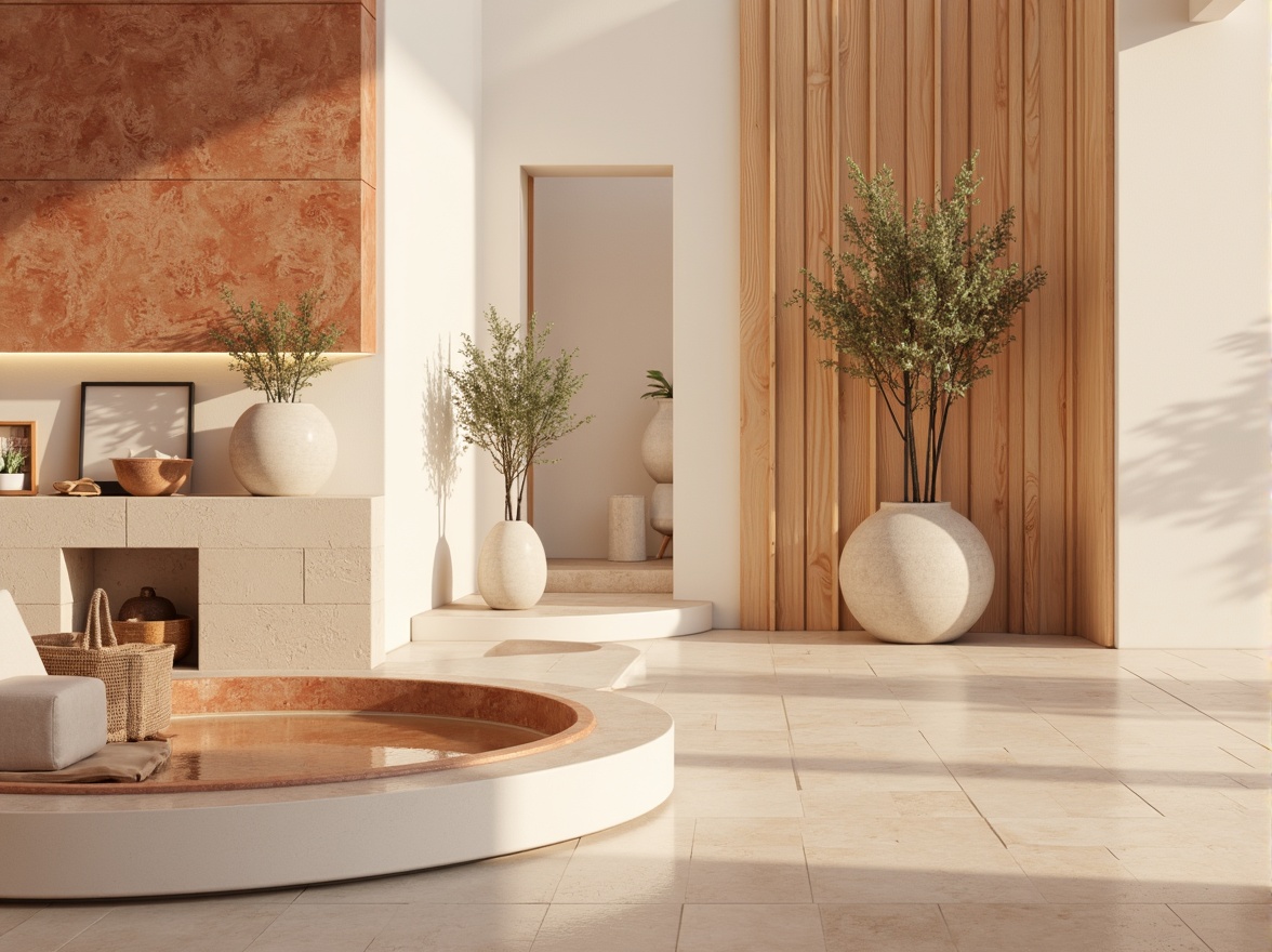 Prompt: Soft peach tones, creamy whites, warm beige hues, rich wood accents, natural stone textures, earthy terracotta shades, calming turquoise undertones, subtle golden highlights, gentle gradient transitions, soothing ambient lighting, 1/2 composition, shallow depth of field, realistic material renderings, atmospheric perspective.