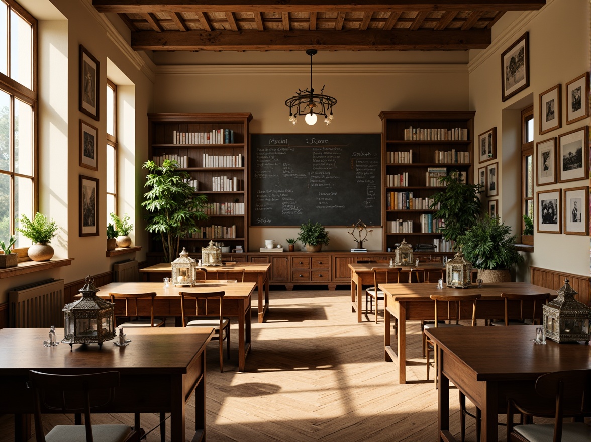 Prompt: Traditional wooden desks, vintage chalkboards, classic library shelves, comfortable cushioned chairs, warm beige walls, rich wood flooring, soft natural lighting, cozy reading nooks, rustic wooden tables, earthy tone color scheme, ornate metal lanterns, decorative ceramic vases, lush green plants, tranquil atmosphere, serene learning environment, symmetrical composition, 1/2 camera angle, realistic textures, subtle ambient occlusion.