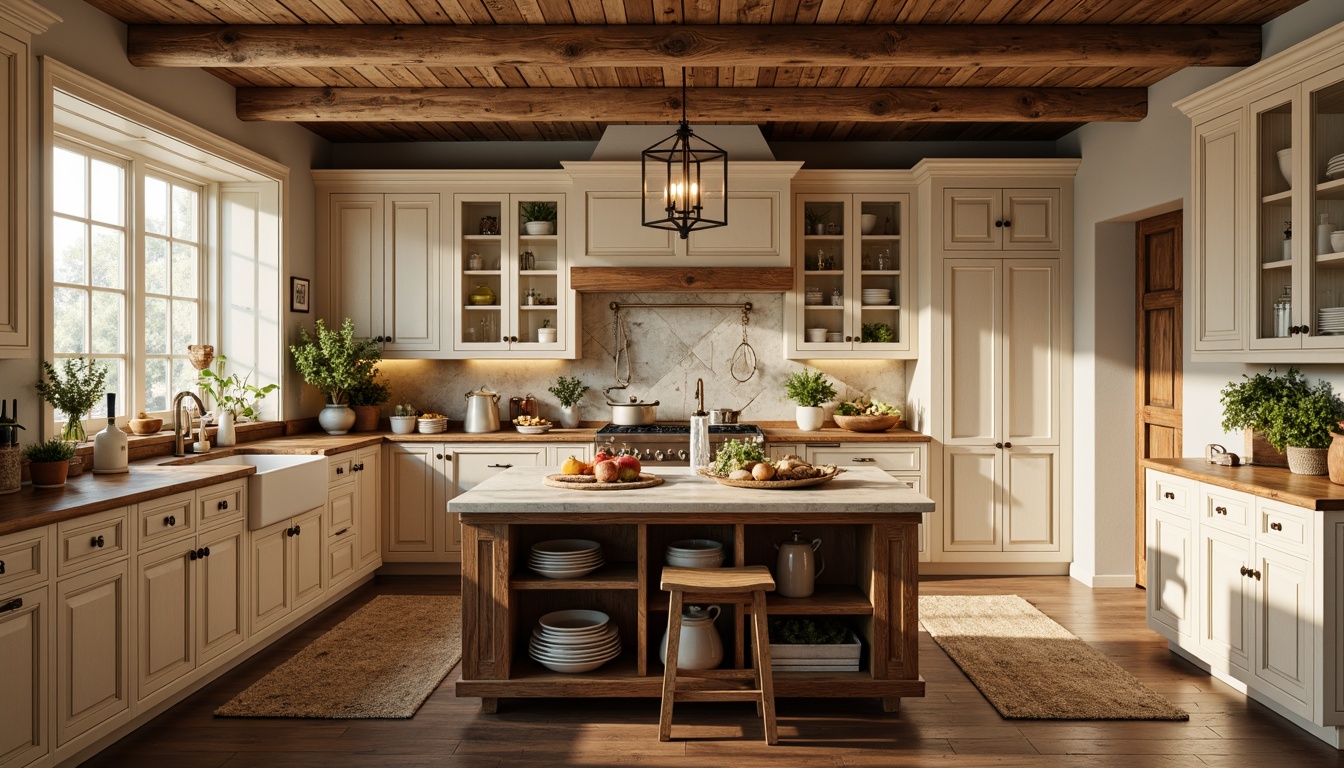 Prompt: \Rustic country kitchen, warm wood tones, ornate cabinet details, classic crown molding, soft creamy whites, distressed finishes, natural stone countertops, farmhouse sinks, decorative range hoods, pendant lighting, earthy color palette, cozy breakfast nooks, raised panel doors, intricate hardware designs, warm golden lighting, shallow depth of field, 1/1 composition, realistic wood textures, ambient occlusion.\