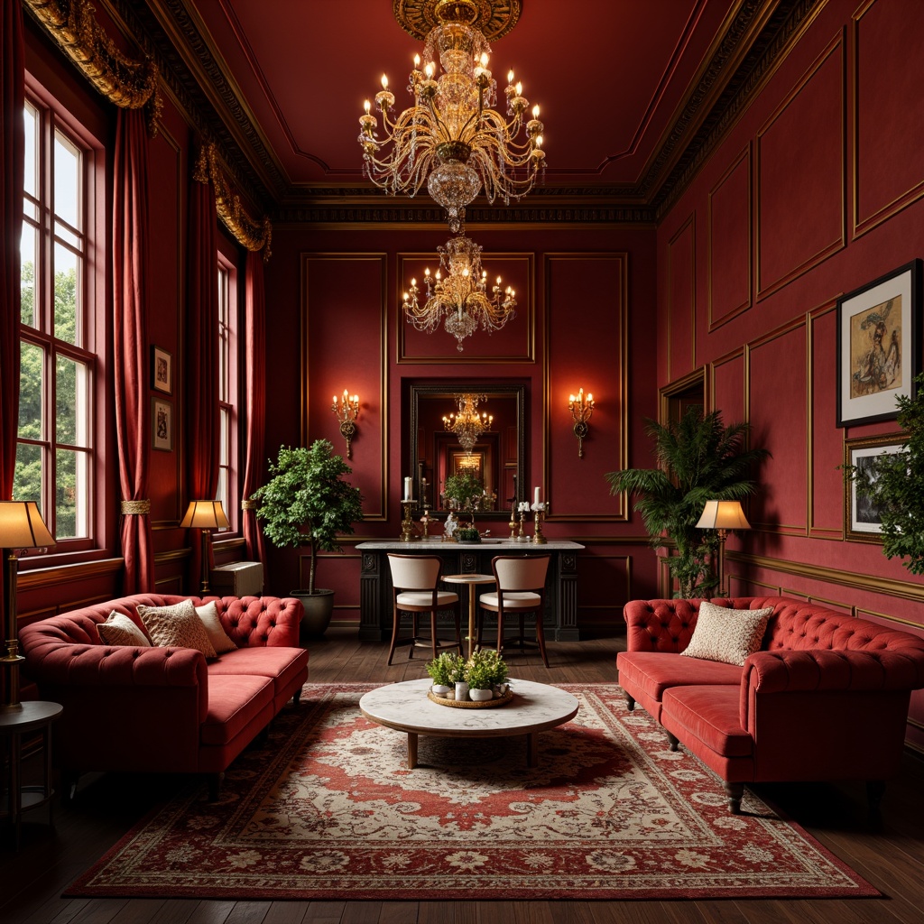 Prompt: Rich burgundy walls, luxurious velvet fabrics, ornate golden accents, dark wood flooring, elegant crystal chandeliers, lavish tufted sofas, refined marble countertops, sophisticated patterned rugs, warm candlelight ambiance, intimate cozy nooks, classic traditional architecture, regal opulent decor, soft warm lighting, shallow depth of field, 1/2 composition, realistic textures, ambient occlusion.