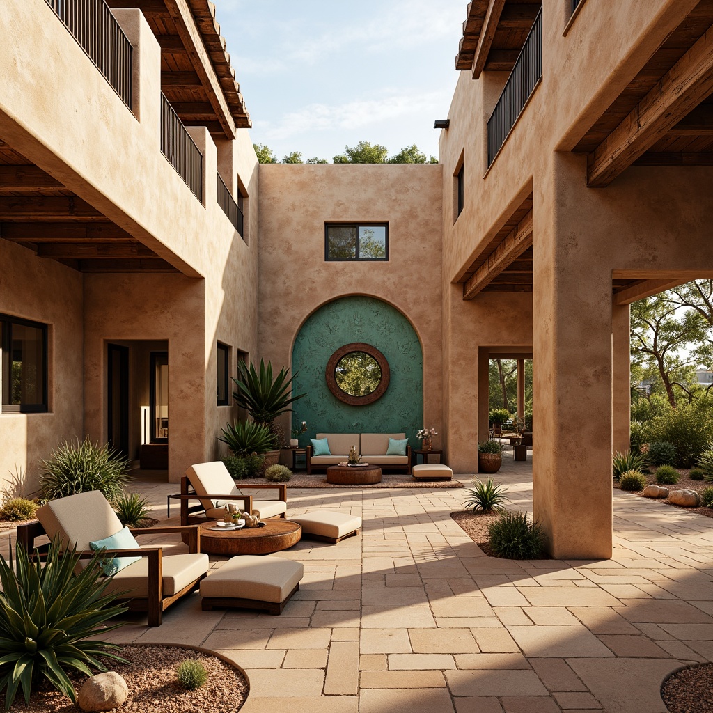 Prompt: Earth-toned adobe buildings, natural stone walls, wooden accents, reclaimed wood furnishings, vibrant turquoise decorative elements, Southwestern-inspired geometric patterns, cacti and succulent plants, desert botanical gardens, warm sandy floors, rustic metal railings, exposed wooden beams, large skylights, clerestory windows, abundant natural light, soft warm color palette, 1/1 composition, realistic textures, ambient occlusion, sunny day, shallow depth of field.