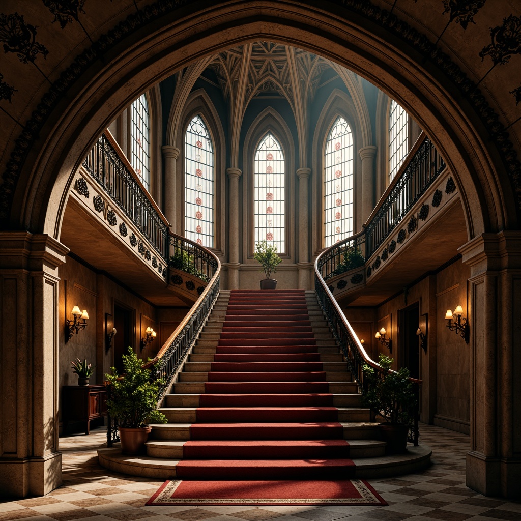 Prompt: Grandiose staircase, ornate archways, ribbed vaults, pointed Gothic arches, intricate stone carvings, mystical symbolism, lavish ironwork, dark wood tones, rich velvet upholstery, majestic landing platforms, atmospheric lighting, warm golden hues, dramatic shadow effects, 3/4 composition, low-angle shot, realistic textures, ambient occlusion.