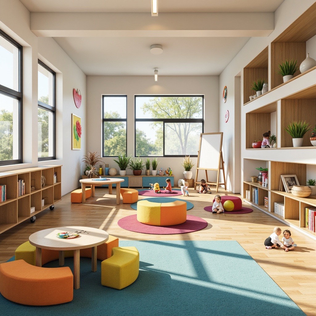 Prompt: Vibrant kindergarten interior, playful rounded shapes, soft pastel colors, durable wooden tables, ergonomic chairs, colorful rugs, interactive whiteboards, stimulating educational toys, cozy reading nooks, natural light-filled rooms, eco-friendly materials, modular storage units, whimsical wall decals, imagination-inspired murals, safe and accessible design, wheelchair-accessible play areas, adaptive technology integration, warm and inviting ambiance, shallow depth of field, 1/2 composition, realistic textures, ambient occlusion.