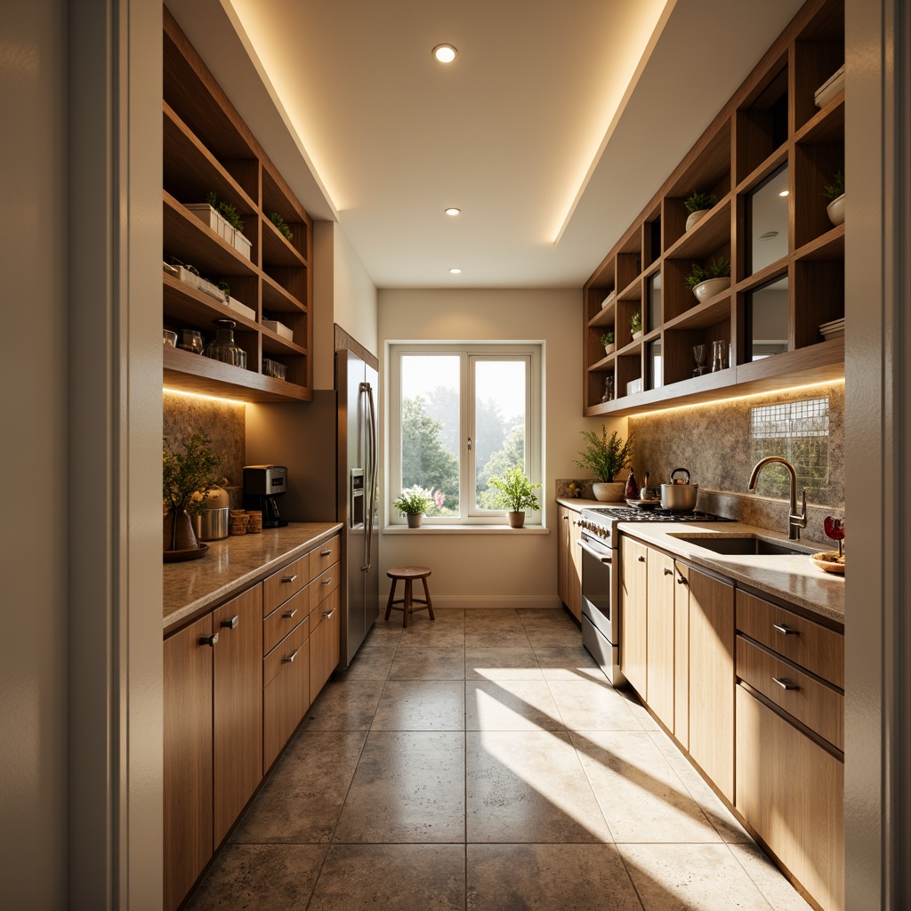 Prompt: Cozy pantry, warm ambient lighting, soft LED strips, under-cabinet illumination, recessed ceiling lights, polished chrome fixtures, creamy white walls, wooden shelving units, natural stone countertops, modern kitchen appliances, sleek glass doors, morning sunlight, gentle shadows, shallow depth of field, 1/1 composition, realistic textures, ambient occlusion.