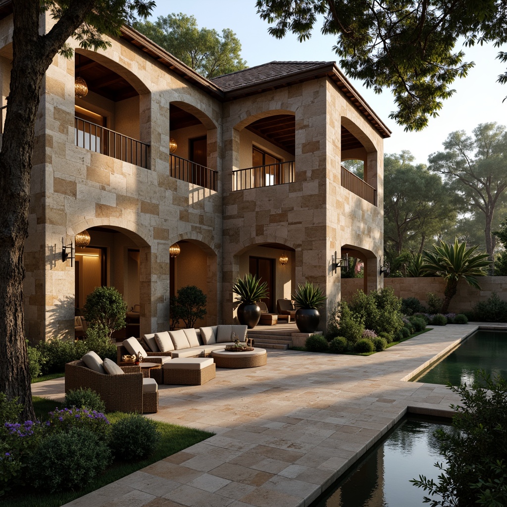 Prompt: Luxurious villa, natural stone fa\u00e7ade, earthy tones, rugged textures, rustic charm, grand entrance, sweeping staircases, ornate chandeliers, lavish furnishings, warm ambient lighting, shallow depth of field, 1/1 composition, realistic renderings, subtle color palette, Mediterranean-inspired architecture, sprawling gardens, lush greenery, serene water features, misty morning atmosphere.