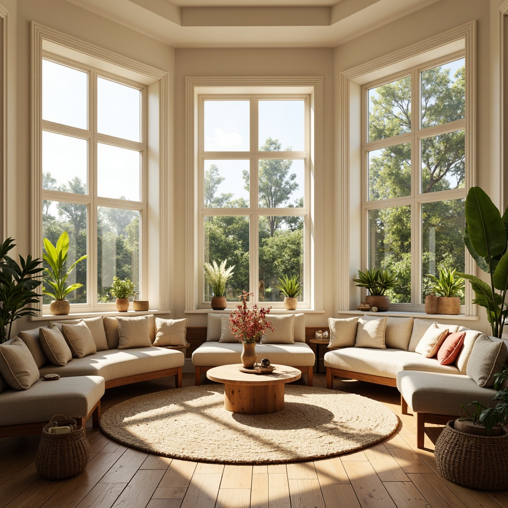 Prompt: Vibrant living room, large windows, soft warm lighting, indirect sunlight, creamy white walls, wooden flooring, minimalist decor, plush greenery, natural textiles, woven baskets, earthy tones, cozy atmosphere, shallow depth of field, 1/1 composition, realistic rendering, ambient occlusion.