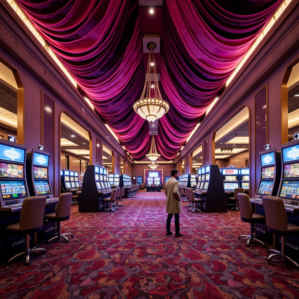 Prompt: Vibrant casino interior, luxurious velvet fabrics, metallic accents, ornate chandeliers, LED light installations, polished marble floors, sleek modern slot machines, curved lines, geometric patterns, lavish furnishings, plush carpets, opulent drapery, bold color schemes, dynamic lighting effects, shallow depth of field, 1/1 composition, high-key lighting, realistic textures, ambient occlusion.