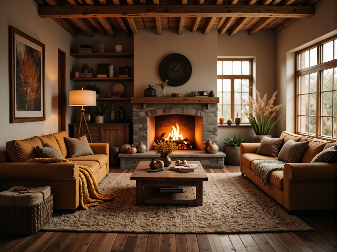 Prompt: Cozy living room, plush throw blankets, soft velvet sofas, warm beige walls, rustic wooden furniture, chunky woven rugs, natural fiber upholstery, earthy tone color palette, ambient warm lighting, shallow depth of field, 1/1 composition, realistic textures, subtle fabric patterns, inviting atmosphere, crackling fireplace, autumn evening.