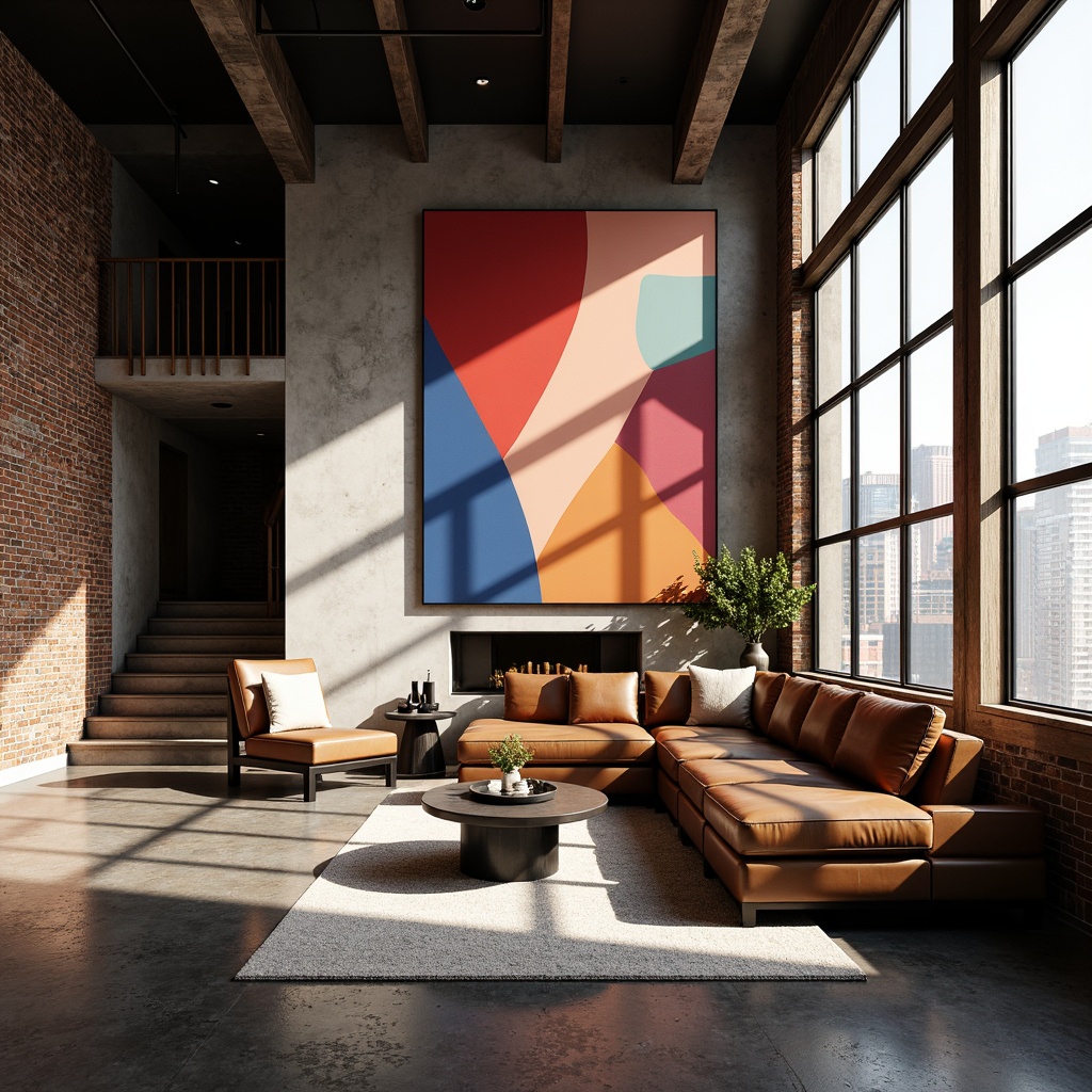 Prompt: Modern living room, bold accent wall, geometric patterns, rich textures, contrasting colors, sleek furniture, minimalist decor, statement piece, urban loft atmosphere, exposed brick, industrial chic, floor-to-ceiling windows, natural light, dramatic shadows, low-key lighting, 1/1 composition, realistic renderings, ambient occlusion.