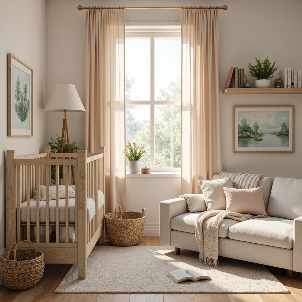 Prompt: Soft cream walls, warm beige furniture, gentle gray accents, pale peach curtains, subtle mint greenery, distressed wood crib, plush area rug, natural woven baskets, calming watercolor artwork, delicate lace trim, creamy whites, soothing pastel hues, rustic wooden shelves, vintage-inspired decor, cozy reading nook, warm golden lighting, shallow depth of field, 1/1 composition, intimate atmosphere, realistic textures, ambient occlusion.