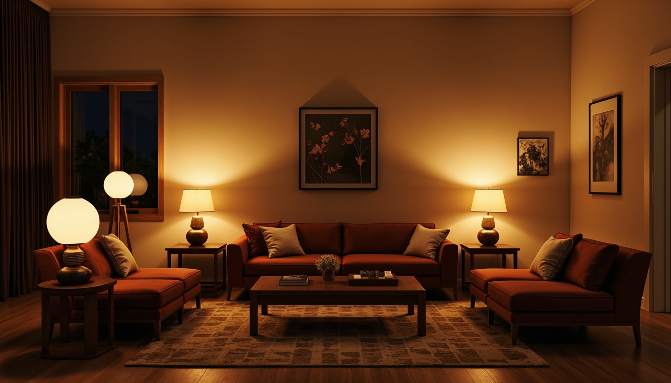 Prompt: Mid-century modern living room, warm ambient lighting, table lamps with sculptural shapes, floor lamps with slender profiles, pendant lights with spherical shades, cozy atmosphere, earthy tone color palette, wooden furniture with tapered legs, plush velvet sofas, geometric patterned rugs, minimalist decor, natural textiles, organic shapes, soft warm glow, 1/2 composition, shallow depth of field, realistic materials, subtle shading.