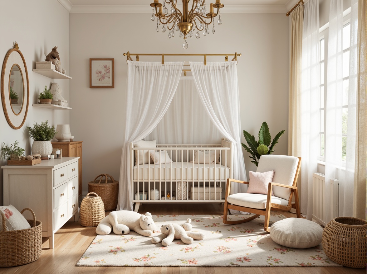 Prompt: Whimsical nursery, soft pastel colors, delicate florals, plush toys, wooden crib, lace curtains, vintage furniture, distressed finishes, natural textiles, woven baskets, rattan rocking chair, creamy whites, warm beige tones, golden accents, ornate mirrors, delicate chandeliers, sheer drapes, subtle patterns, gentle lighting, shallow depth of field, 1/1 composition, intimate atmosphere, realistic textures, ambient occlusion.