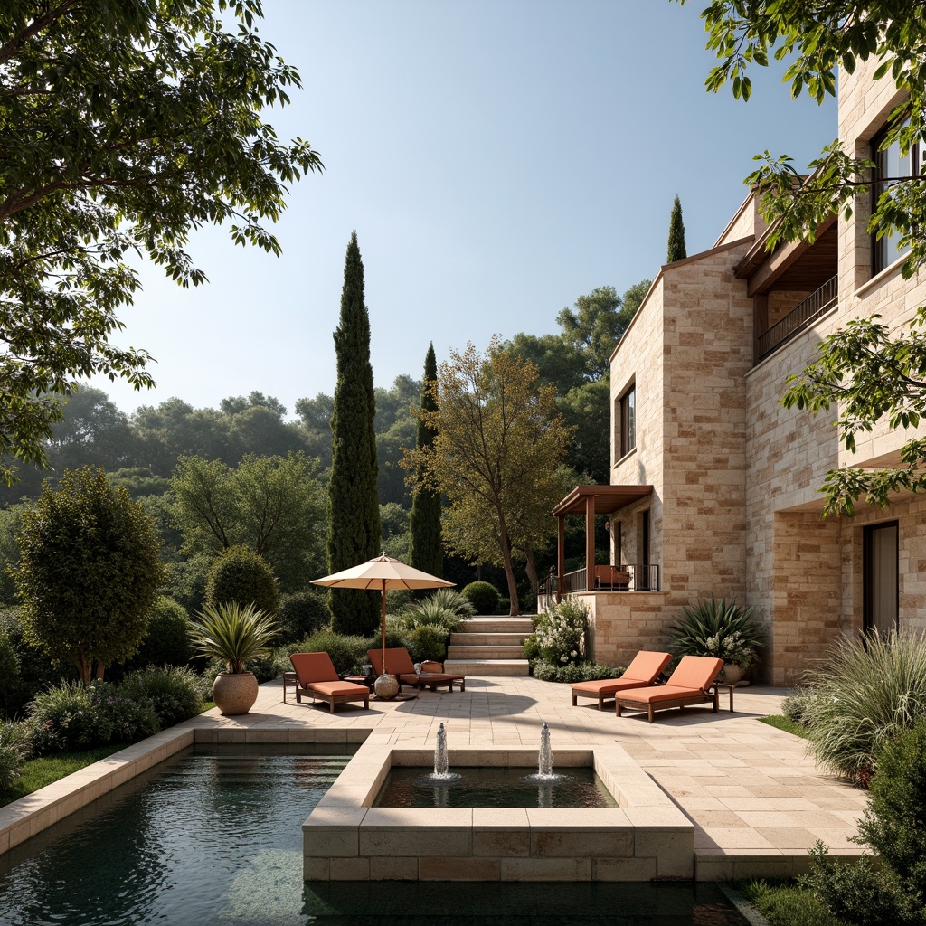 Prompt: Elegant villa, natural stone fa\u00e7ade, rustic textures, earthy tones, Mediterranean landscape, lush greenery, cypress trees, serene ambiance, warm sunlight, soft shadows, shallow depth of field, 3/4 composition, panoramic view, realistic materials, ambient occlusion, ornate fountains, tranquil water features, outdoor seating areas, comfortable lounge chairs, wooden accents, earthy color palette.