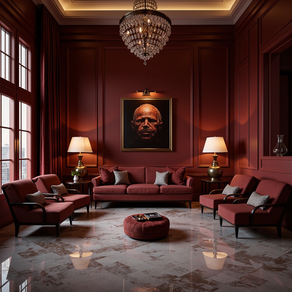 Prompt: Luxurious burgundy accent walls, contemporary marble floors, warm softbox lighting, subtle cove lighting, dramatic floor lamps, ornate bronze fixtures, rich velvet drapes, lavish crystal chandeliers, intimate ambient glow, cinematic high-contrast ratio, shallow depth of field, 2/3 composition, atmospheric misty effect, realistic reflections, intricate texture details.