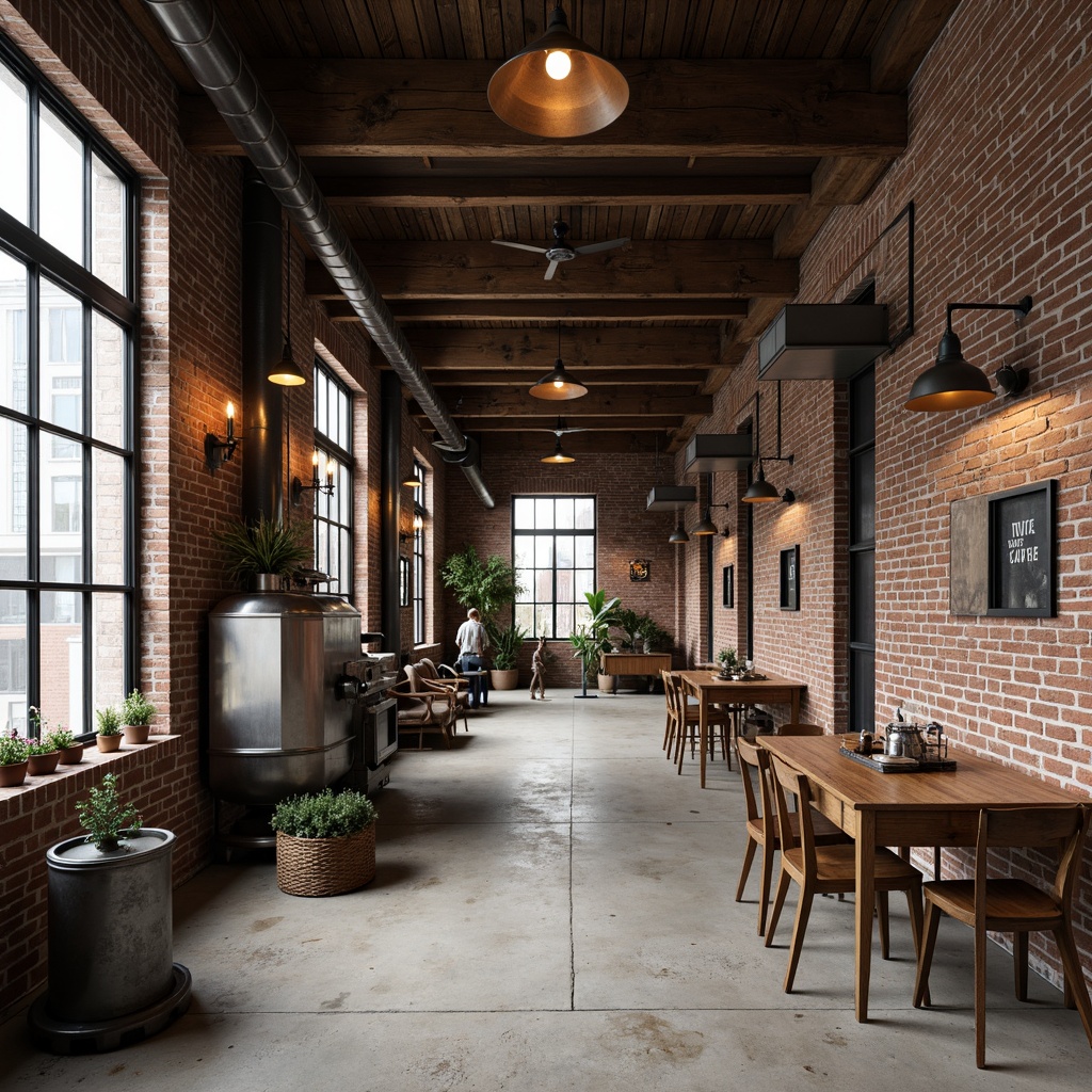 Prompt: Exposed brick walls, metal beams, reclaimed wood accents, industrial-style lighting fixtures, metal Shades, Edison bulbs, concrete floors, urban loft atmosphere, distressed finishes, functional decor, vintage manufacturing equipment, rusty metal tones, modern minimalist aesthetic, open-plan layout, high ceilings, natural light pouring in, shallow depth of field, 1/2 composition, realistic textures, ambient occlusion.