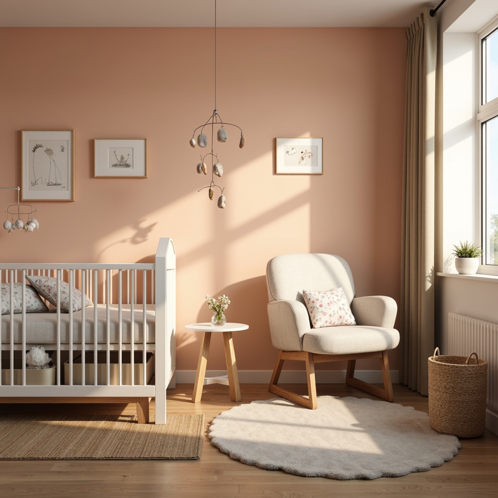 Prompt: Soft peach walls, creamy white furniture, gentle gray accents, natural wood crib, plush area rug, whimsical mobiles, delicate floral patterns, warm beige curtains, subtle golden lighting, shallow depth of field, 1/1 composition, intimate atmosphere, realistic textures, soft focus effect, serene morning light.