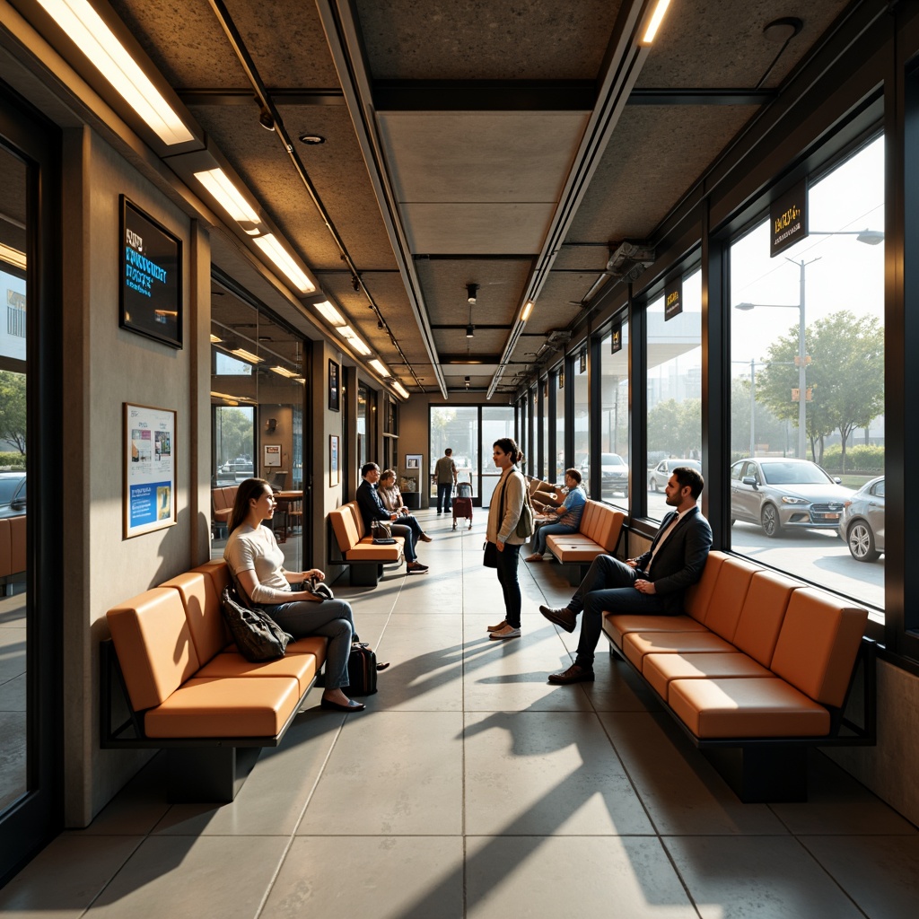 Prompt: Cozy bus station interior, modern furniture layout, sleek benches, stainless steel frames, comfortable seating areas, ample legroom, charging stations, luggage racks, digital information displays, clear signage, bright overhead lighting, warm color scheme, durable materials, easy maintenance, functional decor, urban aesthetic, bustling atmosphere, morning commute, rush hour scene, shallow depth of field, 1/1 composition, realistic textures, ambient occlusion.