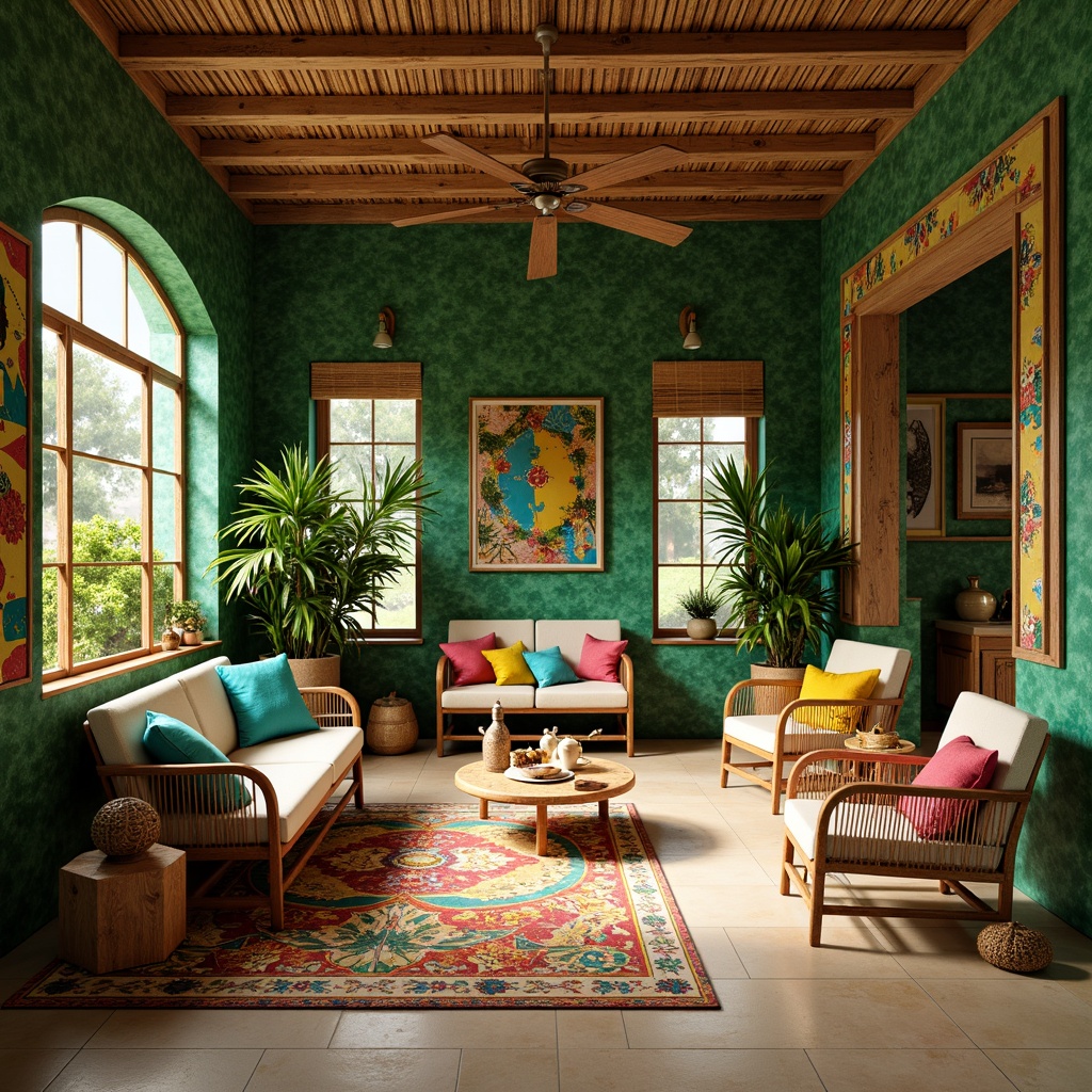 Prompt: Vibrant tropical interior, lush green walls, warm beige flooring, exotic wood accents, colorful tribal patterns, natural textiles, rattan furniture, woven bamboo details, ocean-inspired blues, sunny yellow hues, coral pink shades, bright turquoise accents, soft cream highlights, ambient warm lighting, shallow depth of field, 2/3 composition, realistic textures, atmospheric perspective.