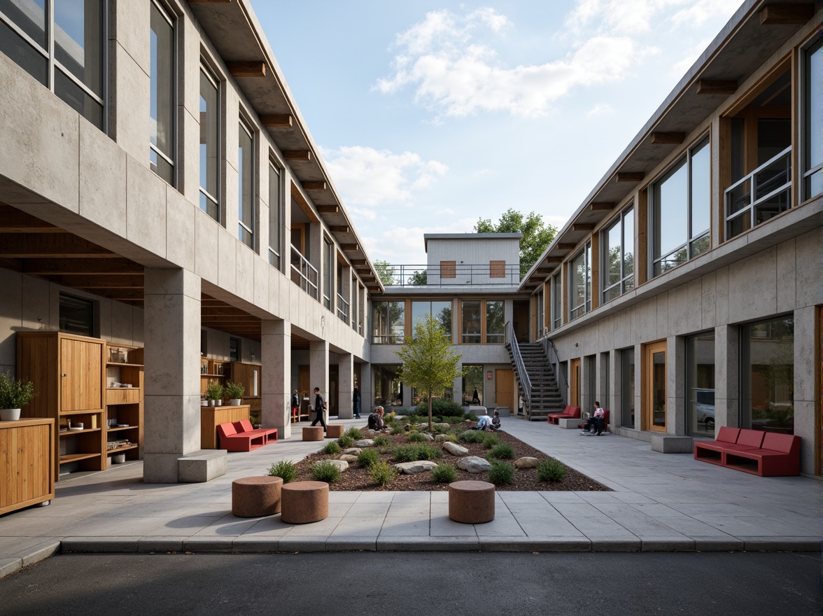 Prompt: Rugged middle school courtyard, brutalist architecture, raw concrete walls, exposed ductwork, industrial metal beams, functional staircases, minimalist classrooms, natural light pouring in, urban landscape views, abstract sculptures, educational murals, weathered steel benches, asphalt pavement, deliberate imperfections, bold color accents, geometric patterns, modernist furniture, airy openness, 1/2 composition, softbox lighting, cinematic atmosphere.