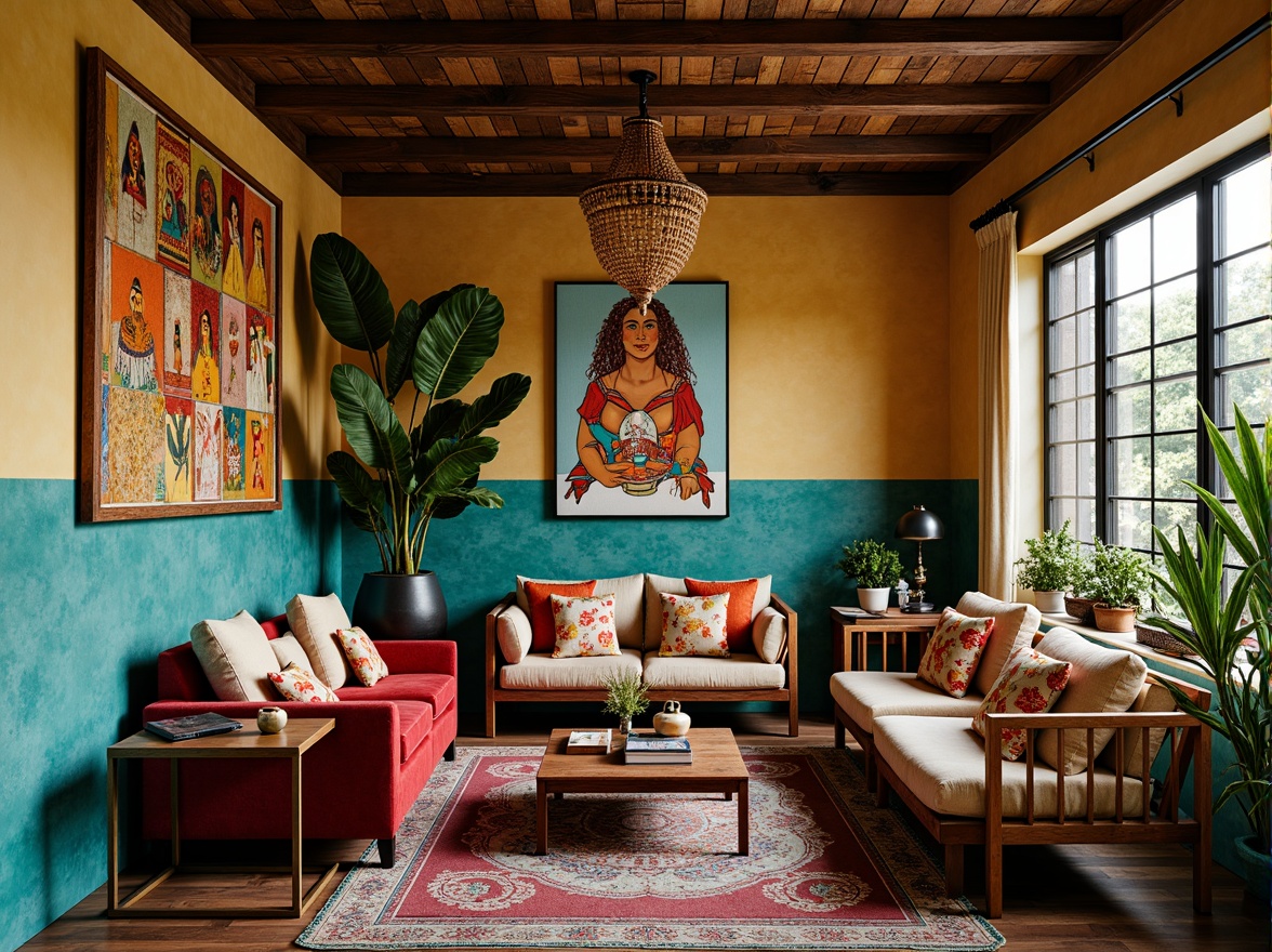 Prompt: Vibrant bohemian interior, eclectic furniture pieces, distressed wood accents, plush velvet fabrics, Moroccan-inspired tiles, bold turquoise hues, warm golden lighting, lush greenery, natural textures, abstract artwork, global cultural influences, free-spirited ambiance, cozy nooks, soft focus photography, shallow depth of field, 1/1 composition, realistic rendering.