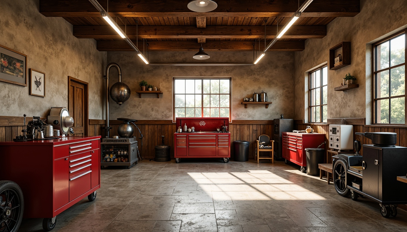 Prompt: Rustic garage interior, earthy tones, warm beige walls, rich brown wooden accents, metallic silver hardware, bold red toolboxes, sleek black machinery, natural stone flooring, industrial-style lighting fixtures, high ceilings, open space, dramatic shadows, realistic textures, ambient occlusion.