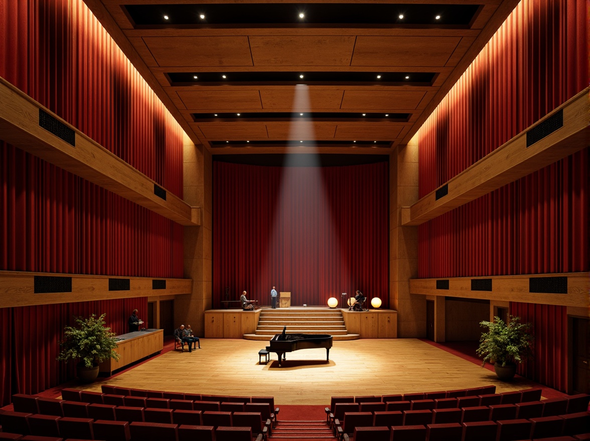 Prompt: Intimate concert hall, rich wooden flooring, velvet curtains, grand piano, spotlight illumination, soundproofing panels, acoustic ceiling tiles, tiered seating, crimson red walls, polished brass railings, ornate chandeliers, warm golden lighting, shallow depth of field, 2/3 composition, realistic textures, ambient occlusion.