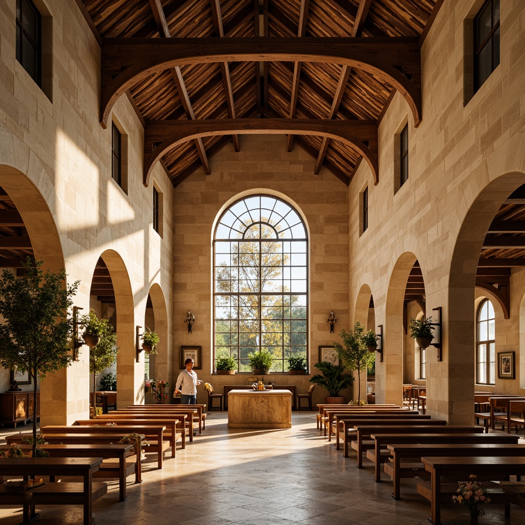 Prompt: Warm beige stone walls, ornate wooden accents, rustic clay roof tiles, stained glass windows, grand archways, vaulted ceilings, intricate frescoes, soft warm lighting, serene ambiance, peaceful atmosphere, natural materials, earthy color palette, subtle textures, realistic details, shallow depth of field, 1/1 composition, symmetrical framing, warm golden hour, gentle sunlight, devotional artifacts, sacred symbols, ornate furnishings, lush greenery, blooming flowers.