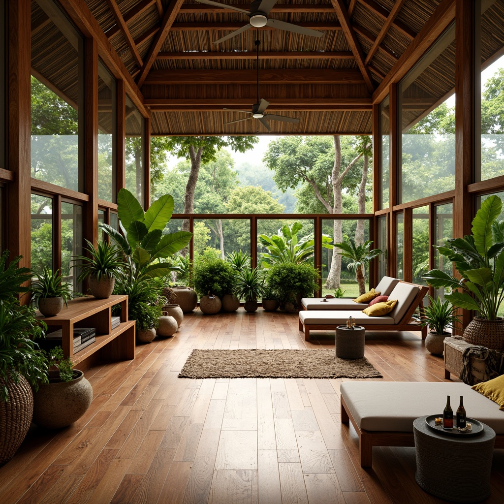 Prompt: Tropical home gym, polished wooden flooring, exotic hardwood textures, vibrant greenery, lush plants, natural stone accents, bamboo-inspired equipment, rattan furniture, woven textiles, earthy color palette, warm ambient lighting, soft diffused shadows, 1/1 composition, realistic reflections, subtle grain details.