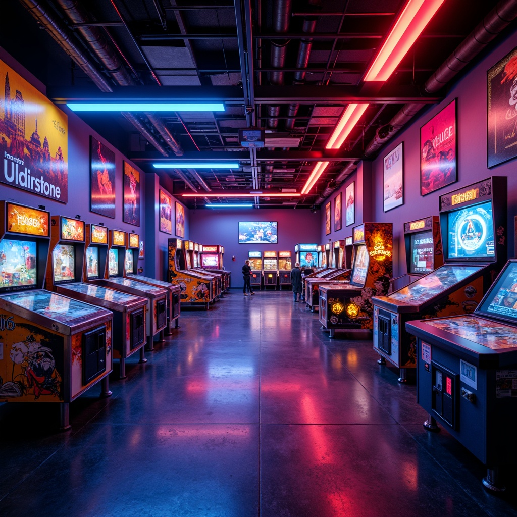 Prompt: Vibrant game room, bold accent walls, neon-lit arcade machines, retro-style posters, futuristic LED lights, sleek metal decor, high-gloss finishes, dynamic color scheme, contrasting hues, electric blue tones, fiery red accents, sunny yellow highlights, deep black shadows, atmospheric fog effects, immersive ambient lighting, cinematic camera angles, wide-angle lenses, shallow depth of field.