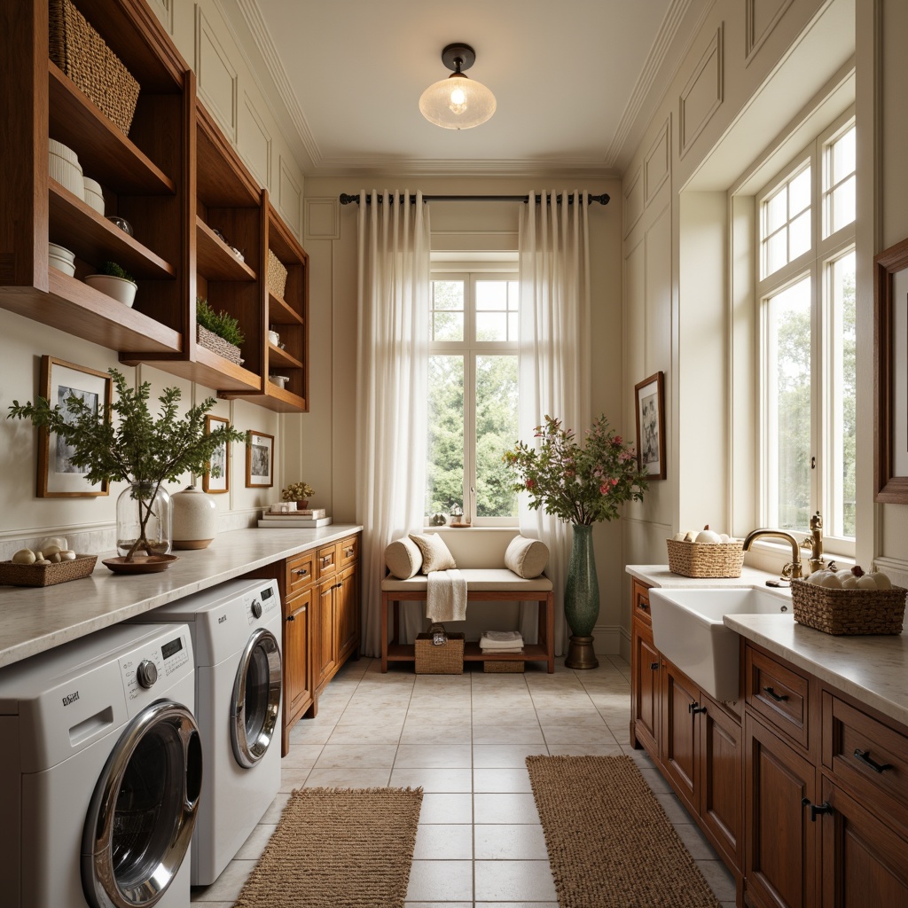 Prompt: Elegant laundry room, ornate wooden cabinetry, soft cream-colored walls, polished marble countertops, vintage bronze faucets, classic ceramic tiles, woven wicker baskets, plush area rugs, warm ambient lighting, shallow depth of field, 1/1 composition, realistic textures, subtle reflections, nostalgic atmosphere, cozy nook with comfortable seating, decorative flower vases, framed artwork, gentle color palette, soft folds of drapery.