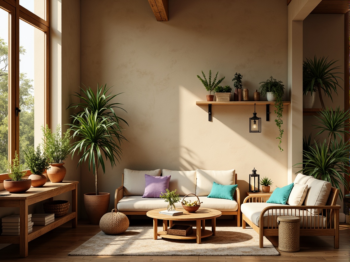 Prompt: Cozy reading nook, warm beige walls, plush velvet pillows, soft golden lighting, natural wood accents, woven rattan furniture, earthy terracotta pots, lush green plants, calming turquoise accents, soothing lavender hues, creamy white textiles, rustic wooden shelves, vintage metal lanterns, intimate atmosphere, relaxed ambiance, 1/1 composition, warm color tones, subtle texture details, inviting soft focus.