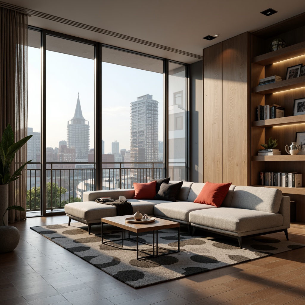 Prompt: Modern living room, sleek low-profile sofa, minimalist coffee table, geometric-patterned rug, floor-to-ceiling windows, urban city view, warm ambient lighting, 3/4 composition, shallow depth of field, soft focus, realistic textures, ambient occlusion, innovative storage solutions, hidden compartments, retractable shelves, multi-functional furniture pieces, eco-friendly materials, recycled wood accents, metallic legs, adjustable headrests, ergonomic design, vibrant accent pillows, natural fiber upholstery, subtle color palette, Scandinavian-inspired aesthetic.