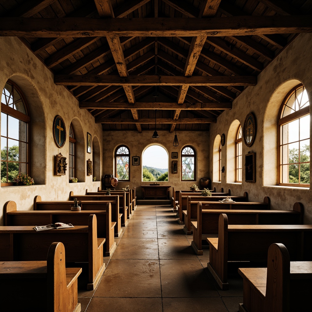 Prompt: Rustic chapel, weathered wooden beams, distressed stone walls, vintage religious symbols, ornate wooden pews, stained glass windows, soft warm lighting, natural materials, earthy color palette, rural landscape, rolling hills, countryside scenery, serene atmosphere, peaceful ambiance, subtle camera movement, cinematic composition, shallow depth of field, realistic textures, ambient occlusion.