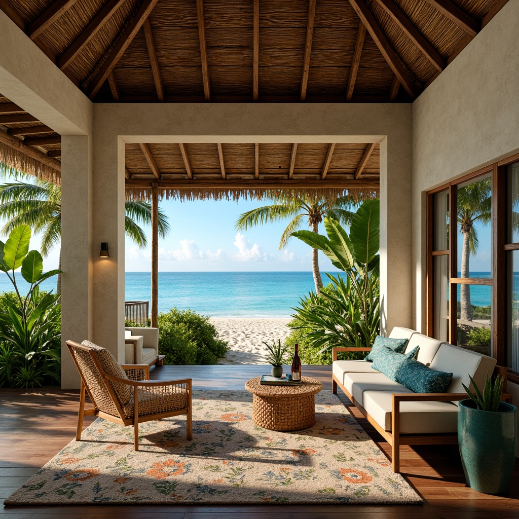 Prompt: Tropical island villa, lush greenery, palm trees, warm sandy beach, turquoise ocean waters, exotic floral patterns, natural woven fibers, bamboo accents, reclaimed wood textures, distressed finishes, earthy tone colors, stucco walls, coral stone features, vibrant color pops, rustic metal decorations, woven rattan furniture, soft warm lighting, shallow depth of field, 1/2 composition, realistic textures, ambient occlusion.