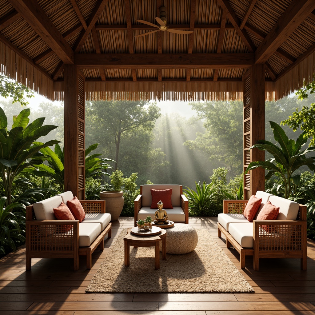 Prompt: Rustic wooden monastery furniture, tropical leaf patterns, natural rattan textures, woven bamboo accents, distressed wood finishes, earthy color palette, Buddha statue decorations, lush greenery surroundings, warm sunlight filtering, misty atmosphere, soft warm lighting, shallow depth of field, 1/2 composition, realistic wood grain, ambient occlusion.