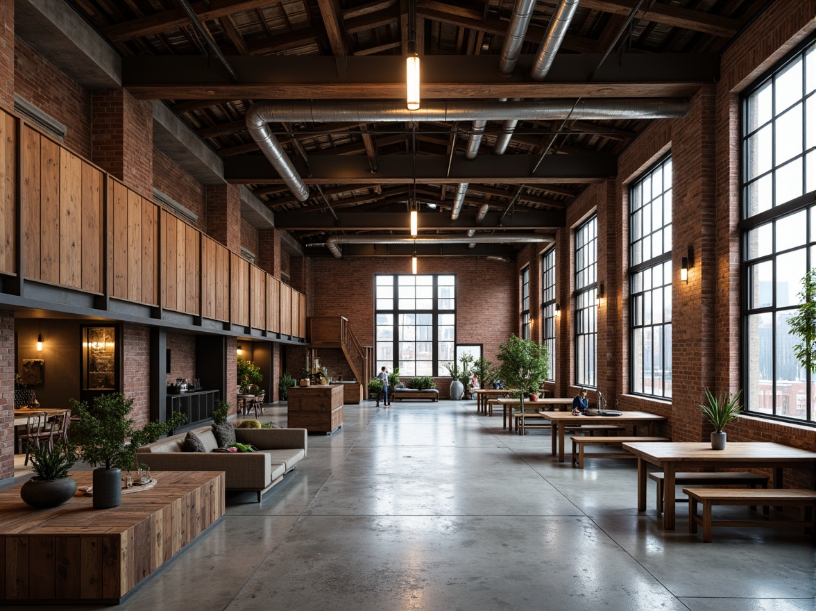 Prompt: Warehouse interior, exposed beams, industrial pipes, metal roofing, reclaimed wood accents, brick walls, concrete floors, Edison bulbs, rustic lighting fixtures, urban loft atmosphere, open space layout, minimal decorations, functional design, raw unfinished look, distressed textures, natural light pouring, high ceilings, cityscape views, modern industrial chic, 3/4 composition, shallow depth of field.