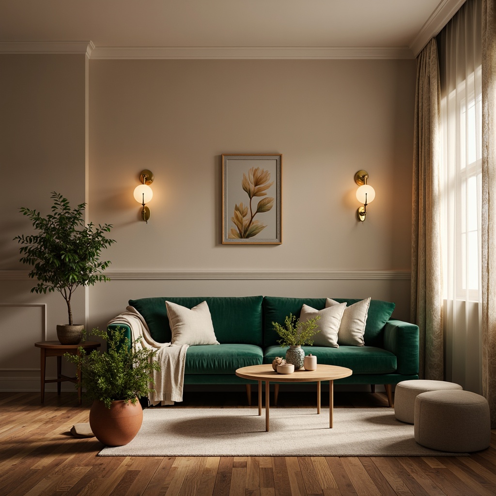 Prompt: Warm beige walls, rich walnut flooring, soft cream accents, velvety emerald green upholstery, golden brass lighting fixtures, natural linen drapery, earthy terracotta planters, subtle grey-blue undertones, inviting warm ambiance, cozy atmospheric lighting, shallow depth of field, 1/1 composition, realistic textures, ambient occlusion.