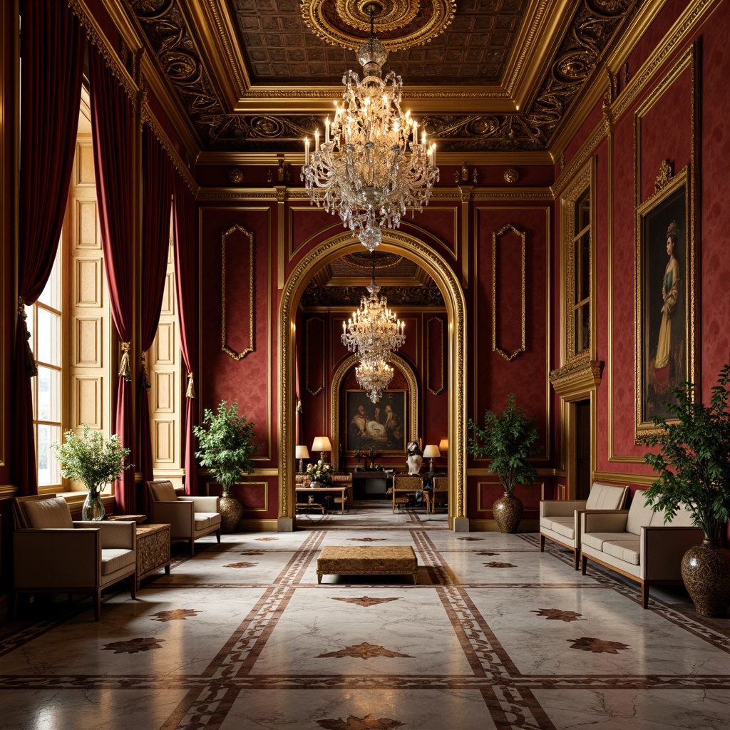 Prompt: Ornate golden frames, intricately carved wooden panels, luxurious velvet drapes, richly patterned marble floors, ornamental gilded mirrors, lavish crystal chandeliers, heavily draped curtains, sumptuous leather upholstery, intricate stone inlays, warm candlelight, soft focus, shallow depth of field, 1/1 composition, highly detailed textures, ambient occlusion.