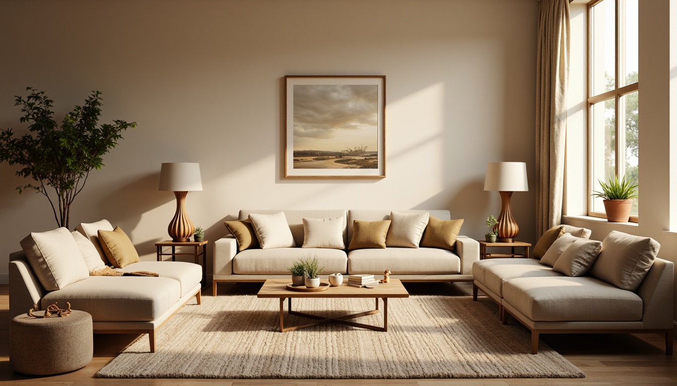 Prompt: Cozy living room, plush sofas, velvet armchairs, oak wood coffee tables, minimalist metal legs, soft cushions, ergonomic design, pastel color palette, warm beige walls, natural fiber rugs, floor lamps, ambient lighting, 1/1 composition, realistic textures, shallow depth of field, warm golden hour, inviting atmosphere.