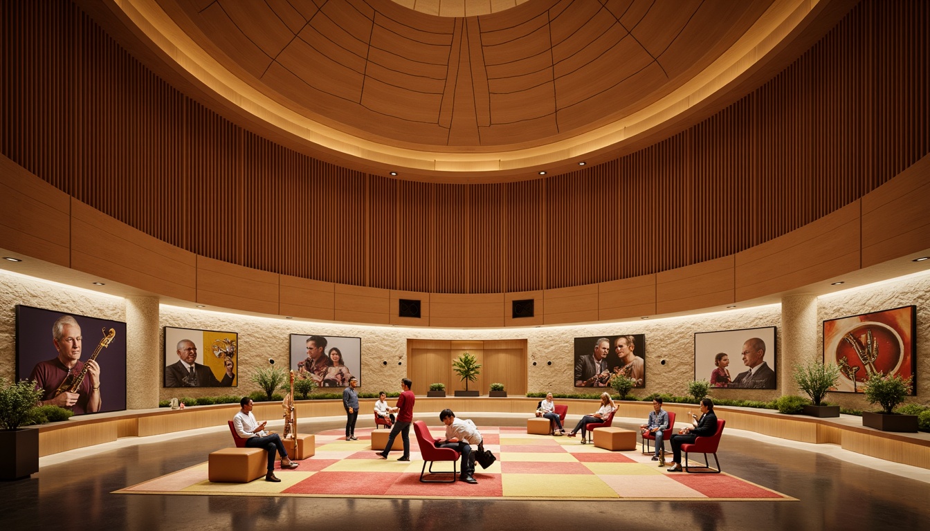 Prompt: Warm wooden tones, sound-absorbing panels, curved auditorium shapes, resonant instrument displays, educational murals, vibrant colored rugs, natural stone walls, minimalist furniture designs, collaborative learning spaces, soft warm lighting, shallow depth of field, 3/4 composition, panoramic view, realistic textures, ambient occlusion.