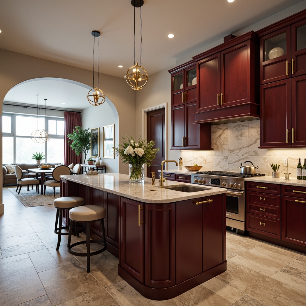 Prompt: Luxurious kitchen island, burgundy cabinets, marble countertops, gold hardware, sophisticated pendant lights, high-gloss finish, modern appliances, sleek faucet, minimalist backsplash, natural stone flooring, elegant archways, open-plan living space, large windows, soft warm lighting, shallow depth of field, 3/4 composition, realistic textures, ambient occlusion.