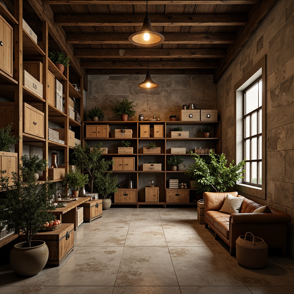 Prompt: Rustic storage room, reclaimed wood shelving units, distressed metal frames, vintage industrial lighting, earthy color palette, natural stone walls, wooden crates, woven baskets, potted plants, worn leather trunks, antique furniture pieces, warm atmospheric lighting, shallow depth of field, 1/2 composition, realistic textures, ambient occlusion.