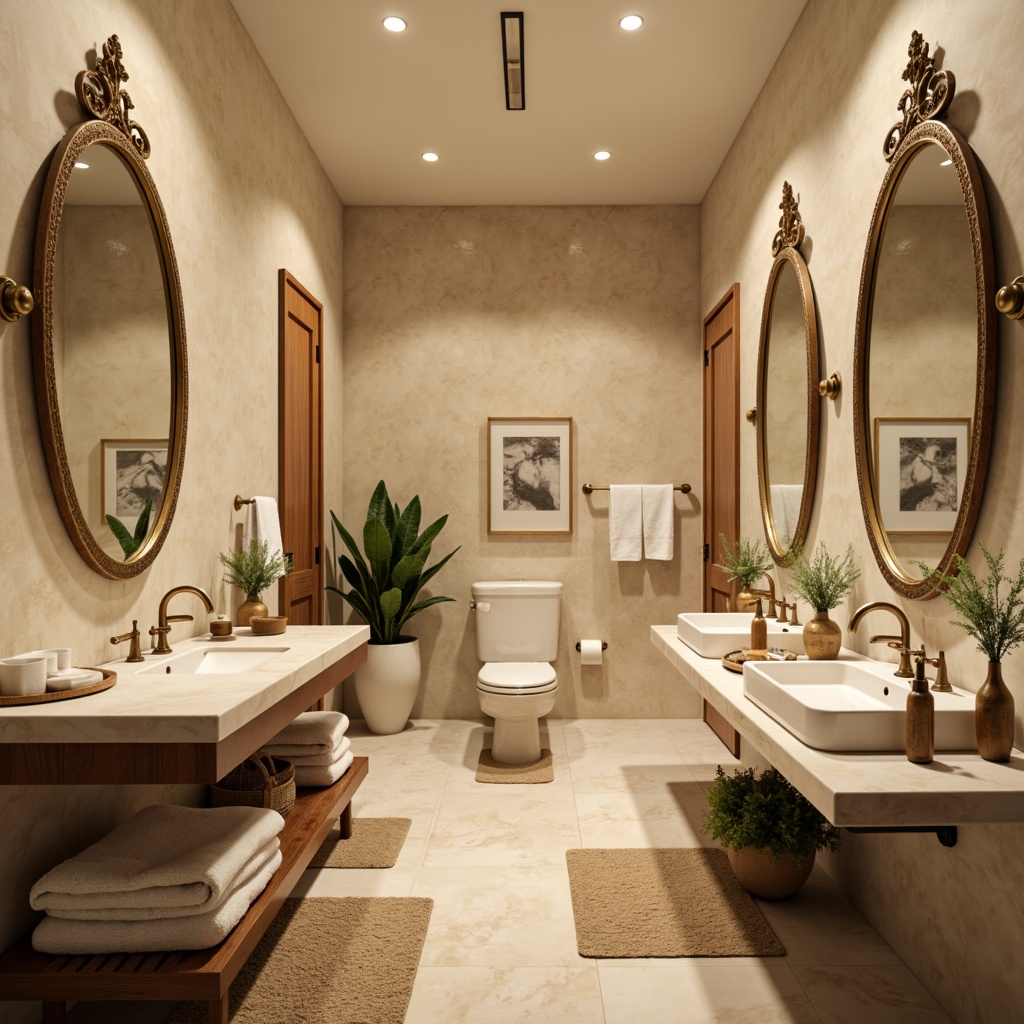 Prompt: Luxurious powder room, elegant marble countertops, soft warm lighting, ornate mirrors, stylish sink basins, modern faucets, plush area rugs, cream-colored walls, minimalist decor, ambient occlusion, shallow depth of field, 1/2 composition, intimate scale, realistic textures, subtle color palette, serene atmosphere, relaxation-focused design.