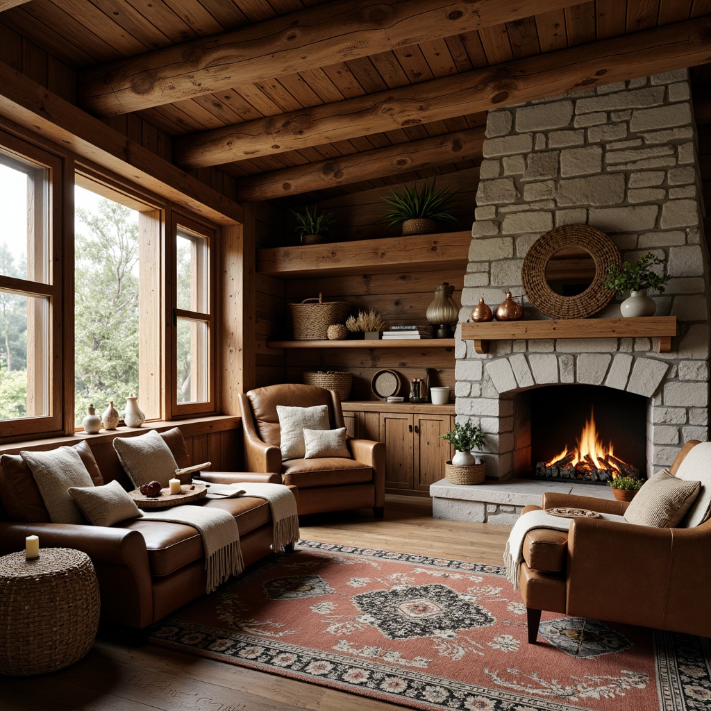 Prompt: Cozy cabin, natural wood accents, stone fireplace, plush throw blankets, woven baskets, earthy color palette, distressed leather armchairs, vintage rug patterns, warm candle lighting, rough-hewn wooden beams, nature-inspired fabrics, organic textures, botanical prints, earthy scent, soft warm glow, shallow depth of field, 1/1 composition, intimate atmosphere, realistic materials, ambient occlusion.