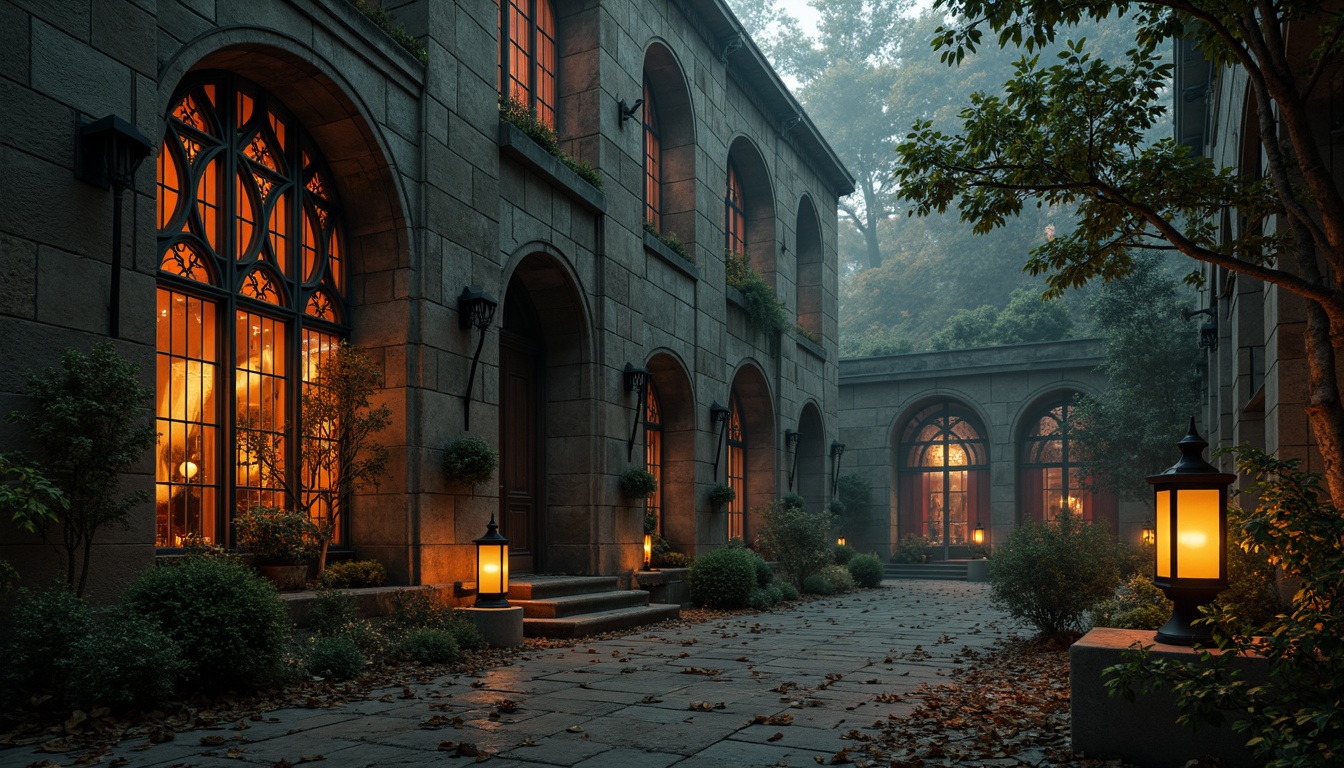 Prompt: Weathered stone pavilion, intricately carved Gothic arches, stained glass windows, rich velvet drapes, ornate metalwork, mystical lanterns, eerie twilight ambiance, foggy misty atmosphere, mysterious dark forests, moss-covered ancient ruins, warm golden lighting, soft focus photography, 1/2 composition, atmospheric perspective, detailed textures, subtle color grading.