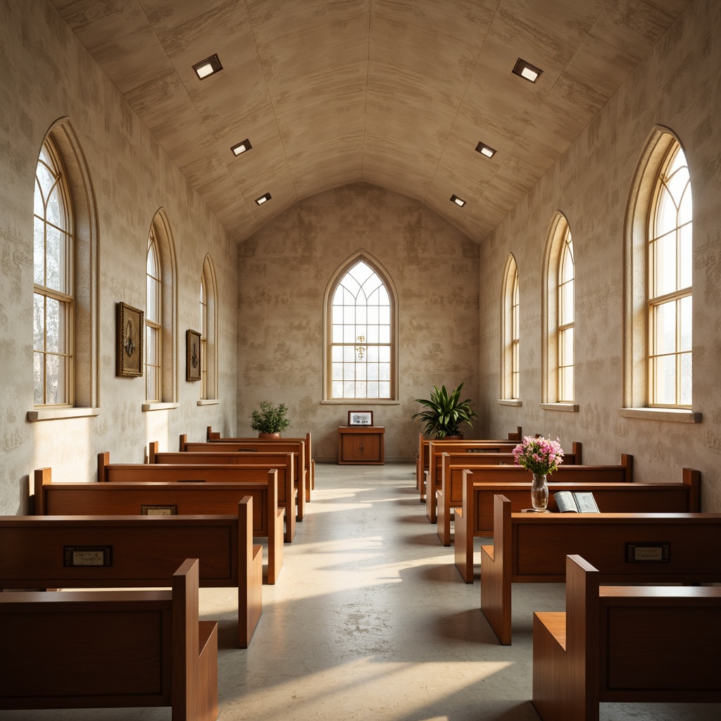 Prompt: Simple church interior, clean lines, minimal ornamentation, natural stone walls, wooden pews, stained glass windows, soft warm lighting, subtle color palette, calming atmosphere, peaceful ambiance, elegant arches, vaulted ceiling, clerestory windows, minimal decor, crosses, bibles, subtle patterns, gentle textures, shallow depth of field, 1/1 composition, realistic rendering.