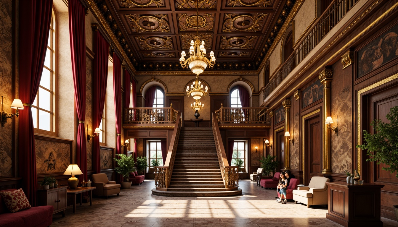 Prompt: Grandiose student hall, lavish ornateness, intricately carved wooden panels, gilded accents, sweeping archways, majestic chandeliers, rich velvet drapes, opulent furnishings, Baroque-inspired architecture, grand staircase, ornate balustrades, polished marble floors, warm golden lighting, dramatic shadows, 1/1 composition, symmetrical framing, highly detailed textures, subtle ambient occlusion.